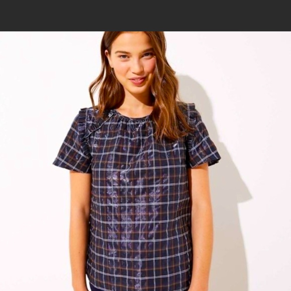 LOFT Shimmer Plaid Ruffle Trim Top Blouse
Size M